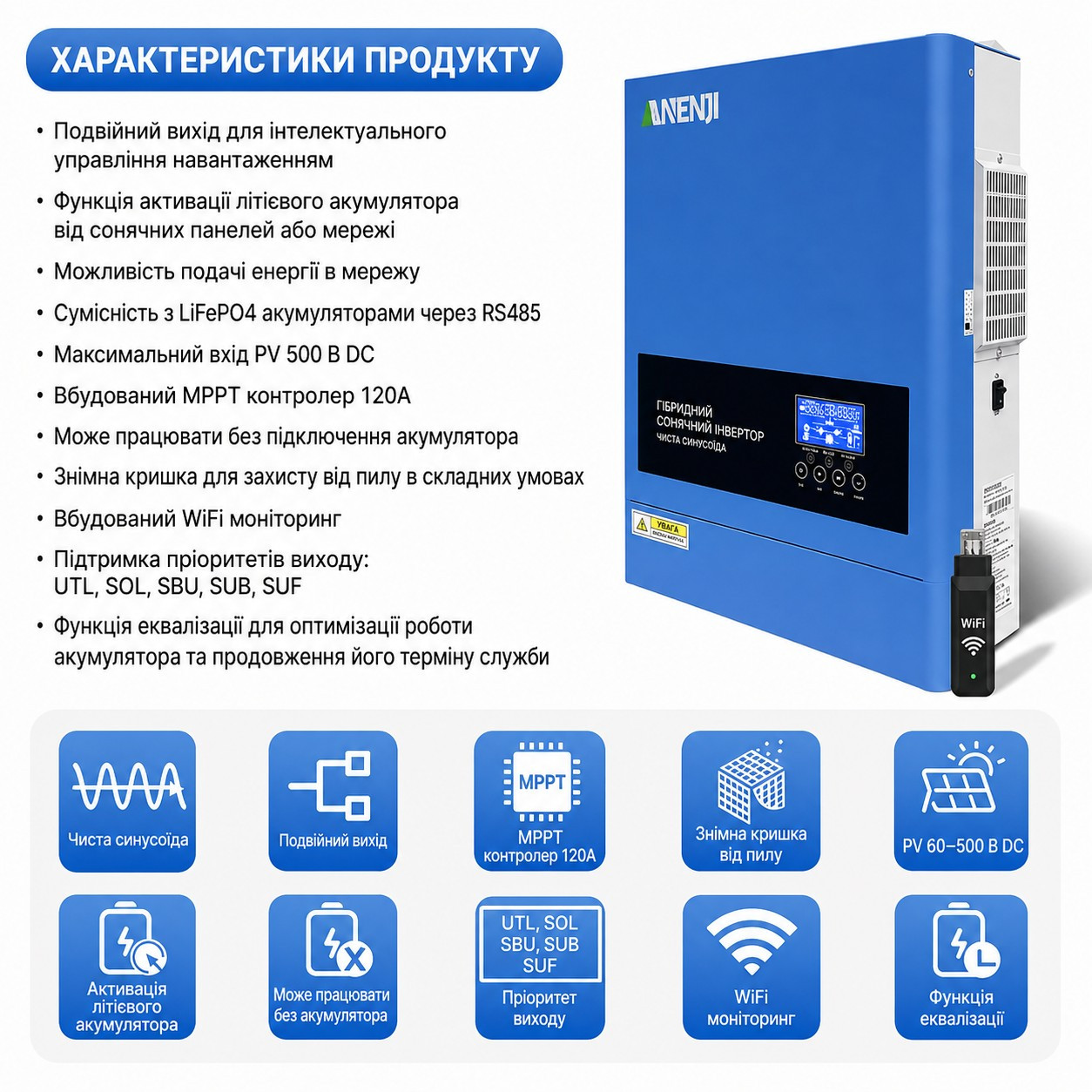 6.2 кВт LiFePO4 Комплект інвертор Anenji з Wi-Fi + акумулятор Lvtopsun rack, BMS, 5120Wh, рековий для резервного живлення