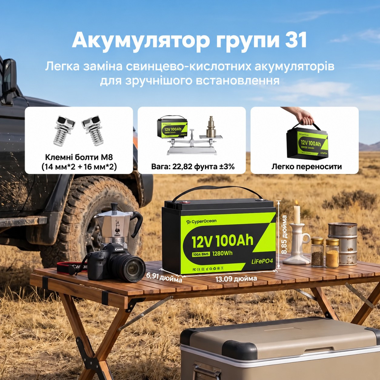 LiFePO4 12V/100Ah Акумулятор CyperOcean з BMS 100 А для систем резервного живлення