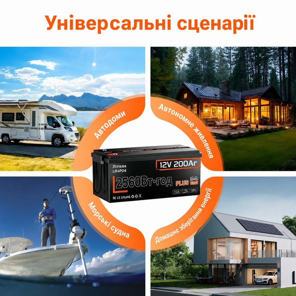 Lifepo4 12V/200Ah 200A BMS акумулятор Humsienk 2560 Вт*год, 200A BMS для систем резервного живлення