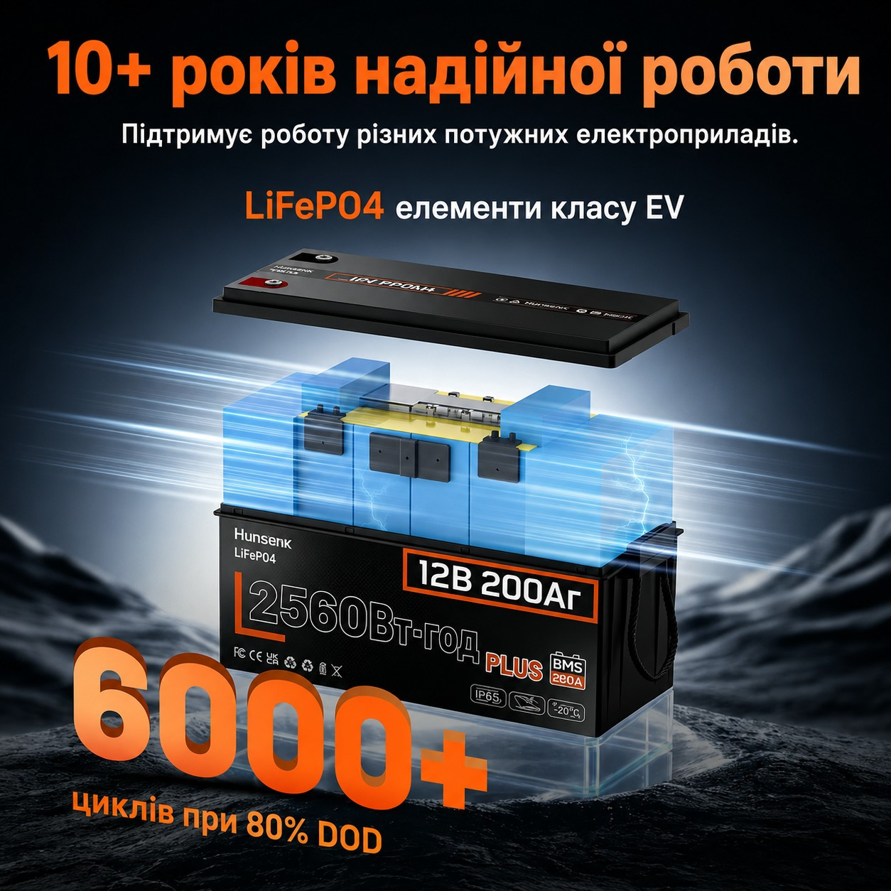 Lifepo4 12V/200Ah 200A BMS акумулятор Humsienk 2560 Вт*год, 200A BMS для систем резервного живлення