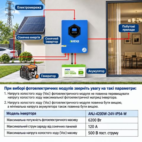 4.2 кВт Інвертор гібридний Anenji WiFi 24 В, з подвійним виходом, MPPT 120 А та захистом IP54