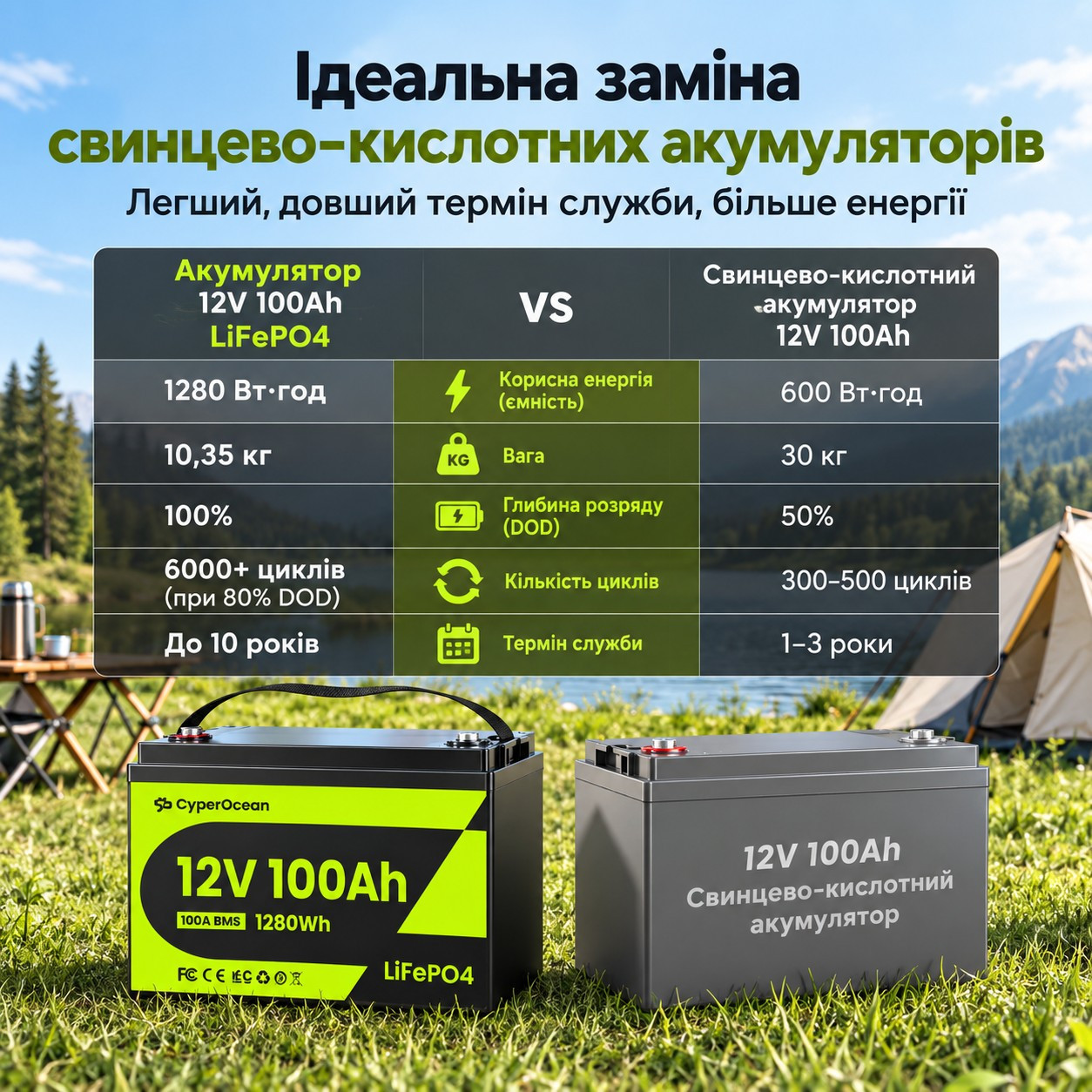 LiFePO4 12V/100Ah Акумулятор CyperOcean з BMS 100 А для систем резервного живлення