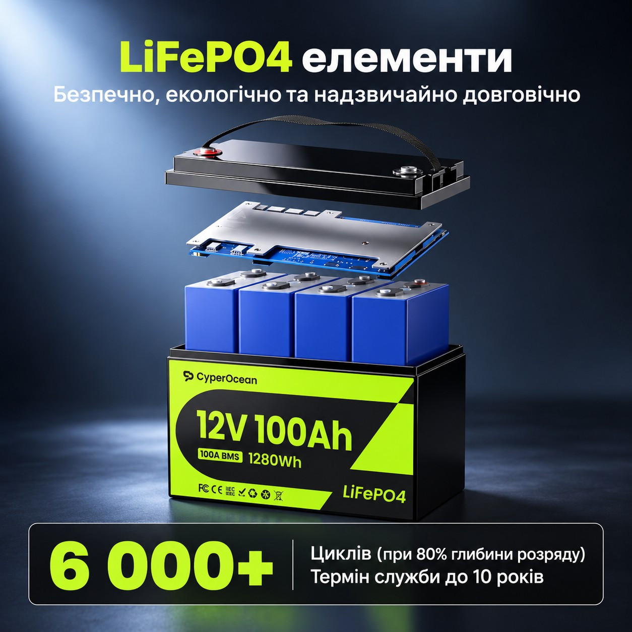 LiFePO4 12V/100Ah Акумулятор CyperOcean з BMS 100 А для систем резервного живлення
