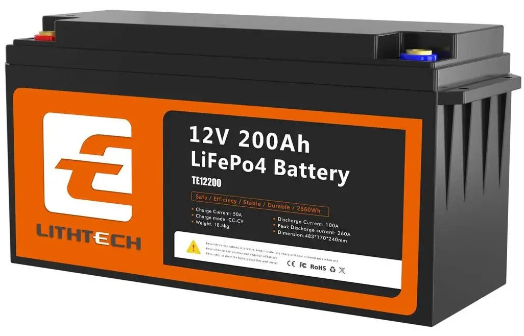 LiFePO4 12V/200Ah Акумулятор Lithtech з Bluetooth, функцією підігріву, BMS для резервного живлення