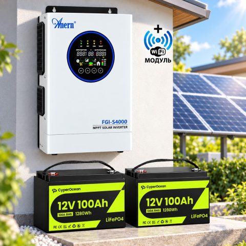 4,0 кВт LiFePO4 Комплект резервного живлення інвертор Anern Wi-Fi + 2 Акумулятори 12V/100Ah CyperOcean для будинку, квартири