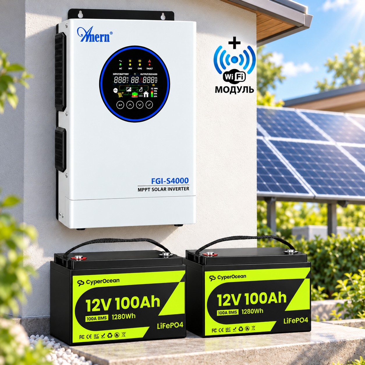 4,0 кВт LiFePO4 Комплект резервного живлення інвертор Anern Wi-Fi + 2 Акумулятори 12V/100Ah CyperOcean для будинку, квартири
