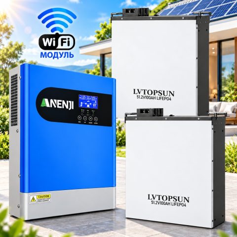 10.24 кВт LiFePO4 Комплект інвертор Anenji з Wi-Fi з паралельною функцією + 2 акумулятори LVTOPSUN 51.2V 100Ah, BMS, настінний