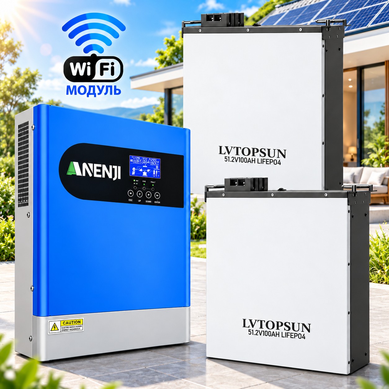 10.24 кВт LiFePO4 Комплект інвертор Anenji з Wi-Fi з паралельною функцією + 2 акумулятори LVTOPSUN 51.2V 100Ah, BMS, настінний