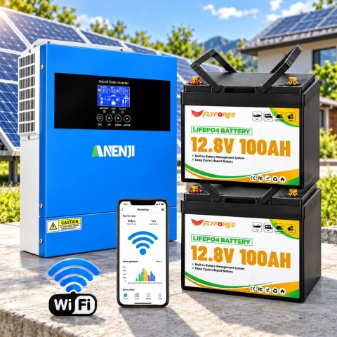 4.2 кВт LiFePO4 Комплект резервного живлення Інвертор Anenji WiFi 24 В + 2 акумулятора 12V 100Ah FLYFOREE, Smart BMS та Bluetooth