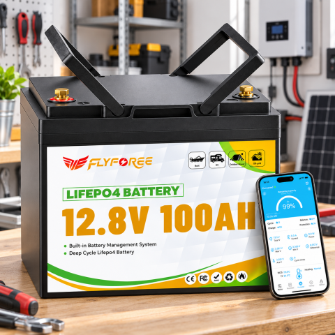 LiFePO4 12V/100Ah Акумулятор FLYFOREE для резервного живлення будинку, квартири, Вбудована BMS, Bluetooth APP