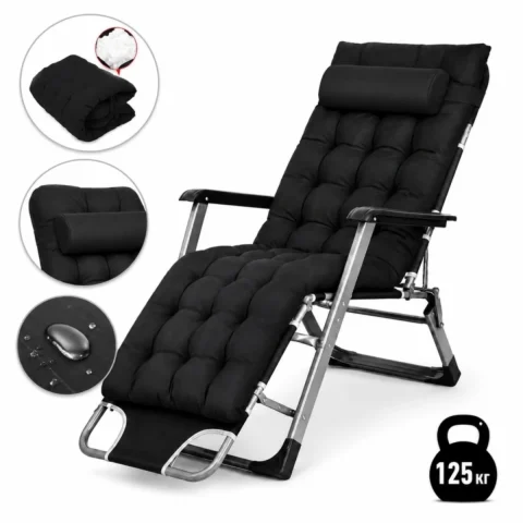 Садове пляжне крісло Ideal Garden Premium з матрацом та подушкою, до 125 кг, чорний, шезлонг для саду та тераси